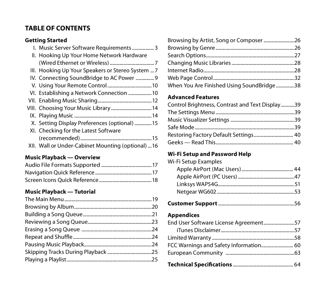 NETGEAR Music Player manual Table of Contents 