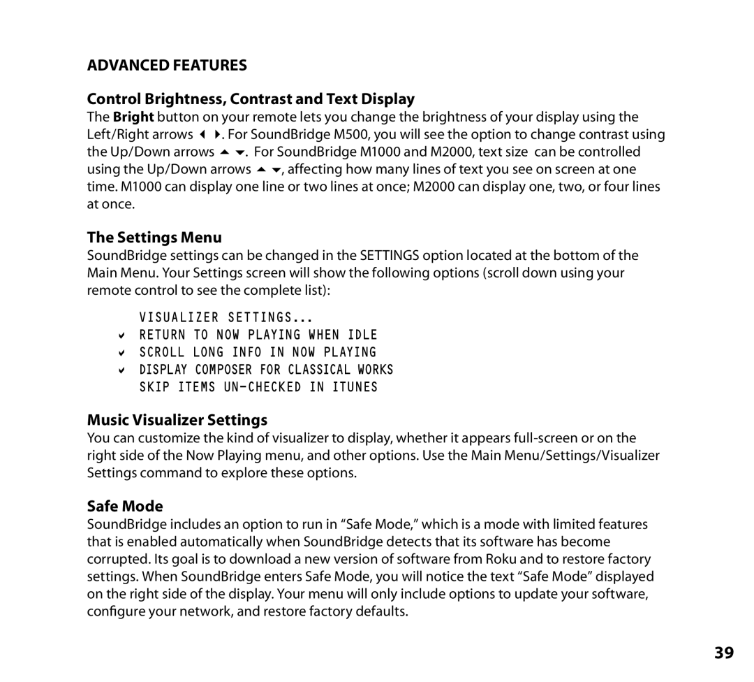 NETGEAR Music Player manual Advanced Features, Control Brightness, Contrast and Text Display, Settings Menu, Safe Mode 