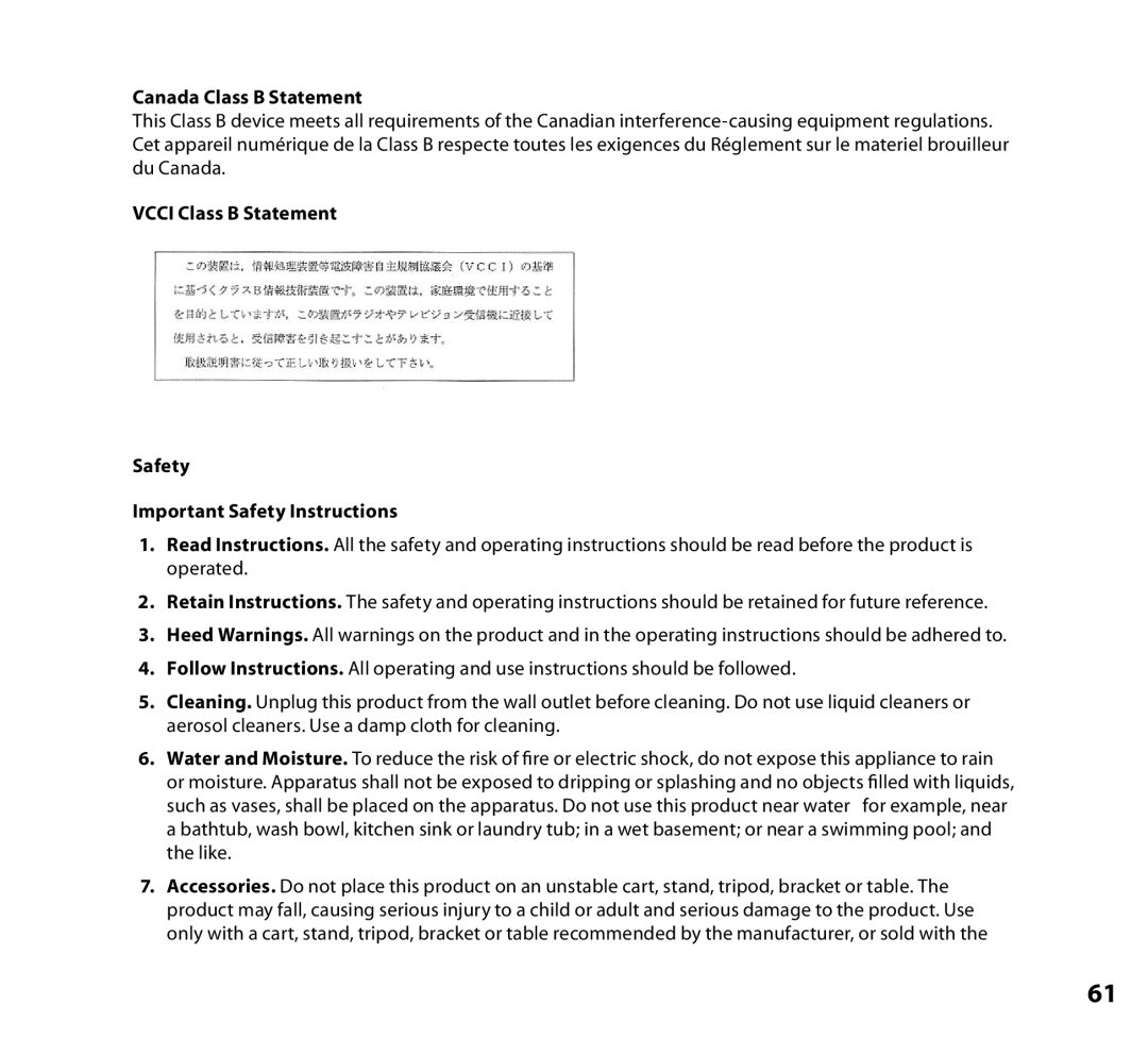 NETGEAR Music Player manual Canada Class B Statement 