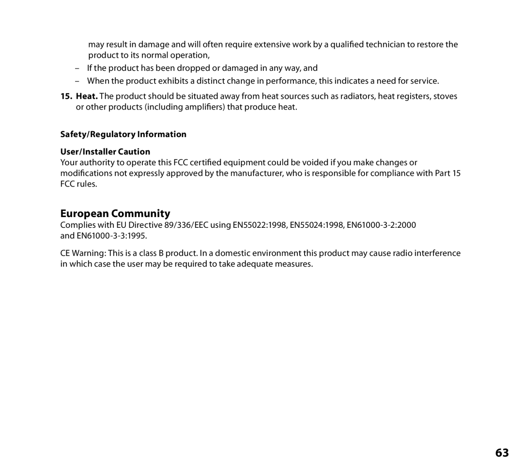NETGEAR Music Player manual European Community, Safety/Regulatory Information User/Installer Caution 