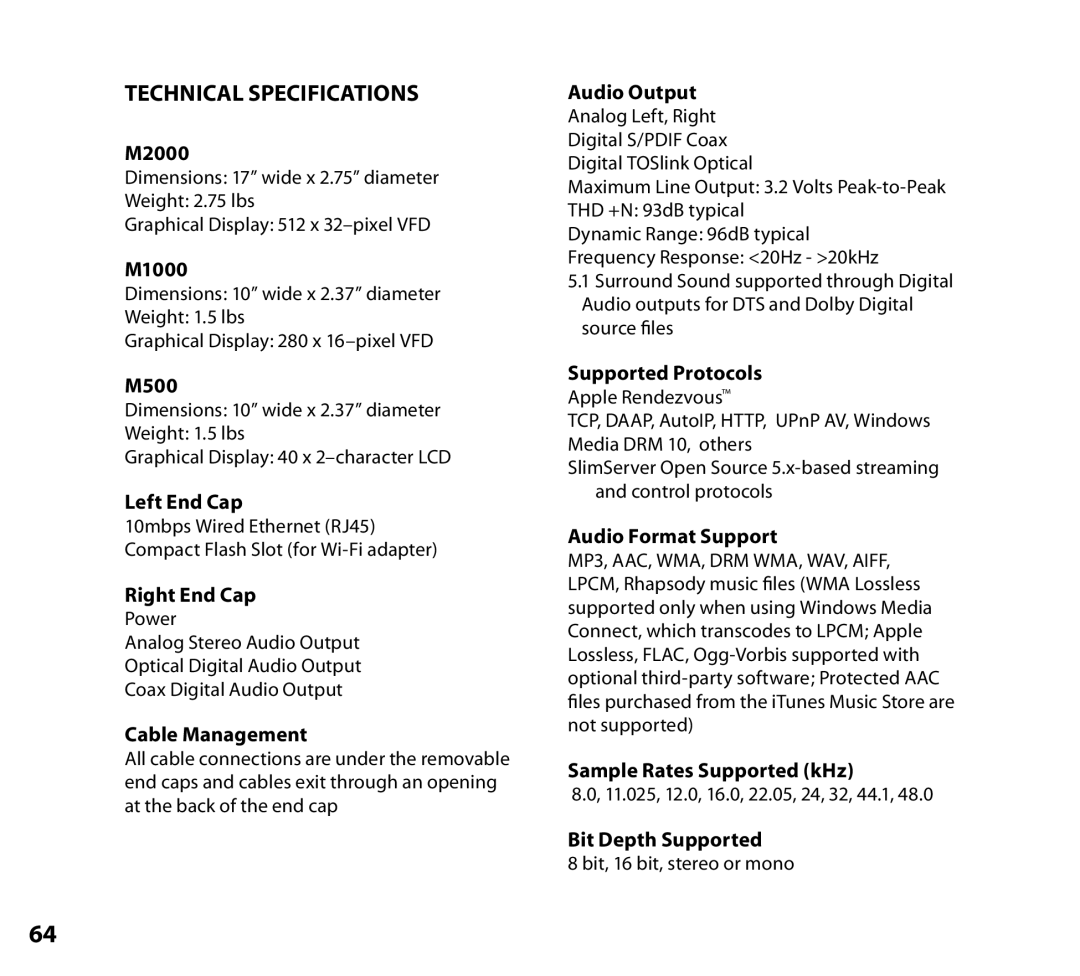 NETGEAR Music Player manual Technical Specifications, Cable Management 