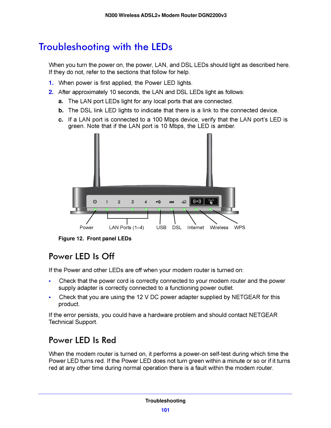 NETGEAR DGN2200V3, N300 user manual Troubleshooting with the LEDs, Power LED Is Off, Power LED Is Red 