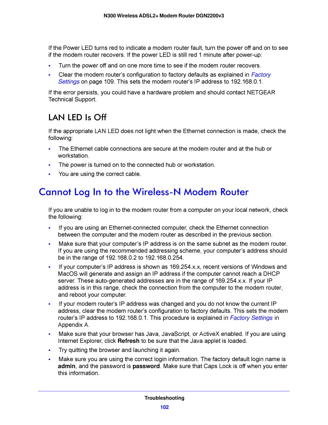 NETGEAR N300, DGN2200V3 user manual Cannot Log In to the Wireless-N Modem Router, LAN LED Is Off 