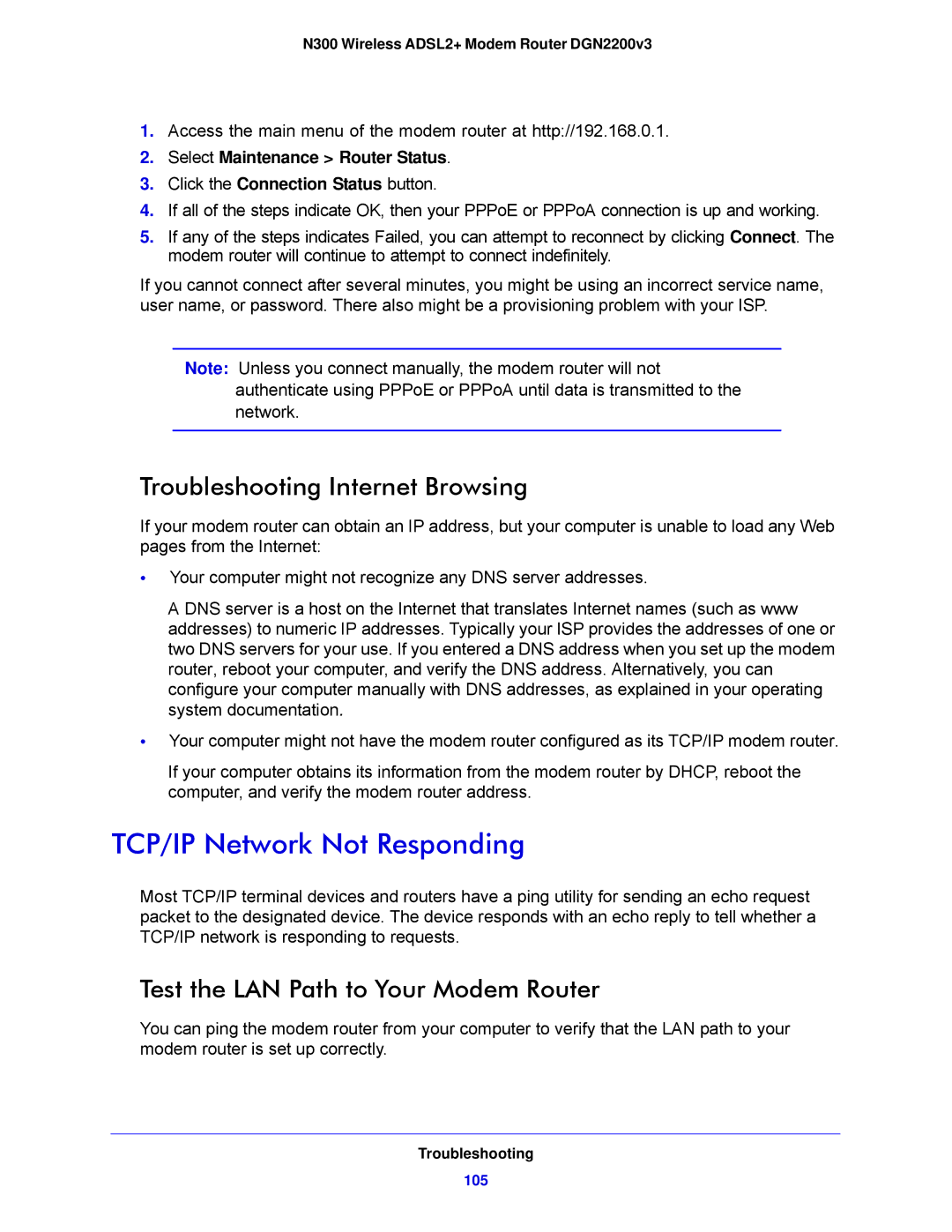 NETGEAR DGN2200V3 TCP/IP Network Not Responding, Troubleshooting Internet Browsing, Test the LAN Path to Your Modem Router 