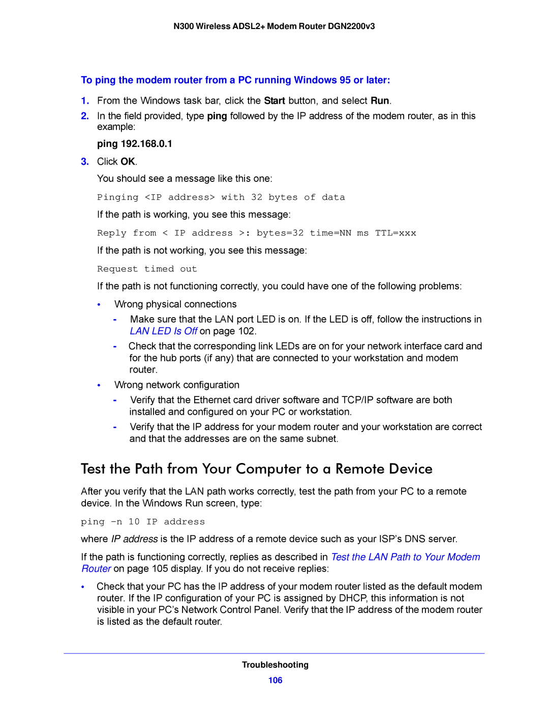 NETGEAR N300, DGN2200V3 user manual Test the Path from Your Computer to a Remote Device, Ping 