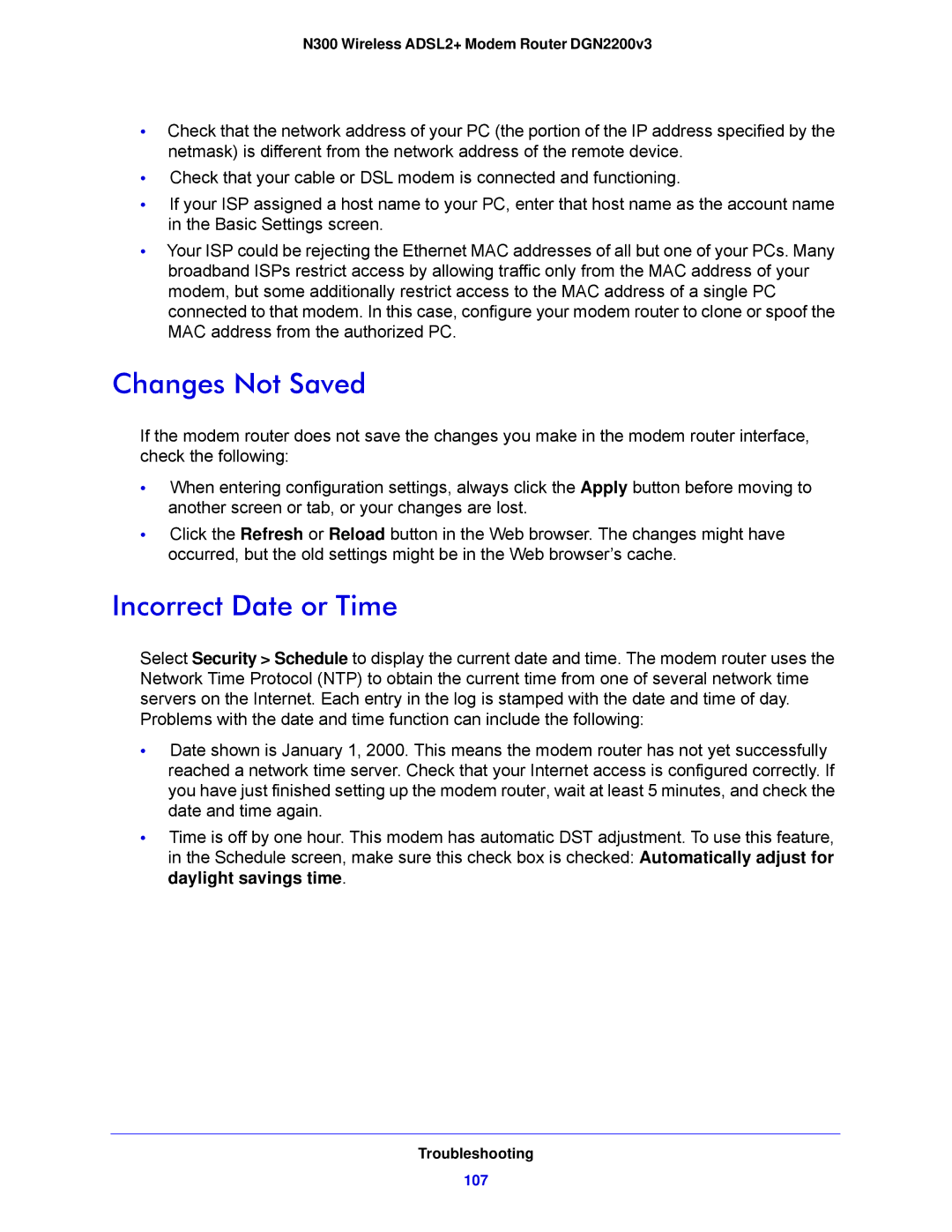 NETGEAR DGN2200V3, N300 user manual Changes Not Saved, Incorrect Date or Time 