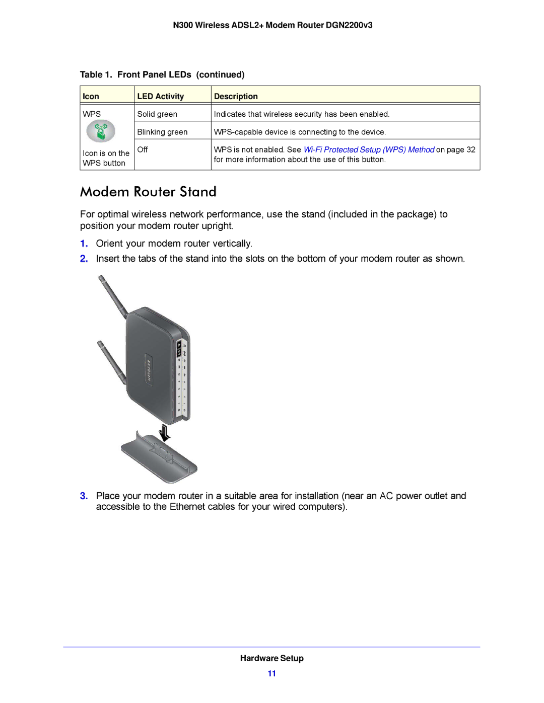 NETGEAR DGN2200V3, N300 user manual Modem Router Stand, Wps 