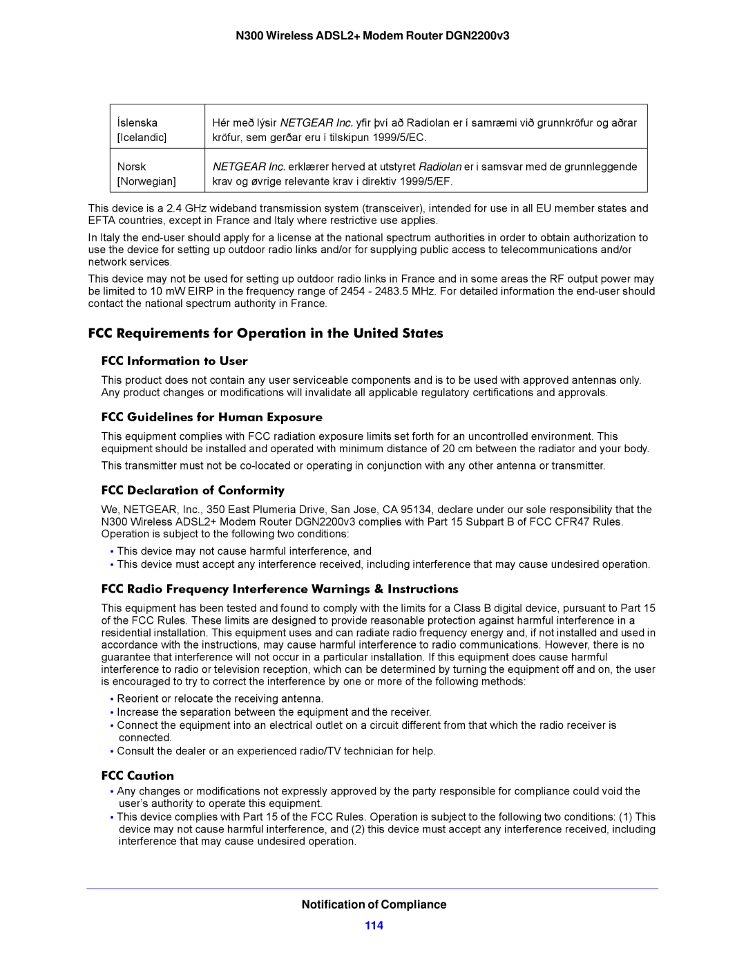 NETGEAR N300, DGN2200V3 user manual FCC Requirements for Operation in the United States, FCC Information to User 