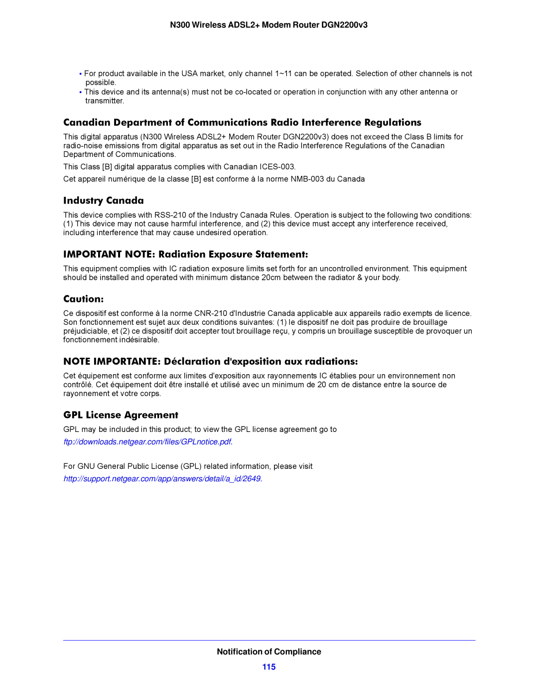 NETGEAR DGN2200V3, N300 user manual Industry Canada, Important Note Radiation Exposure Statement, GPL License Agreement 