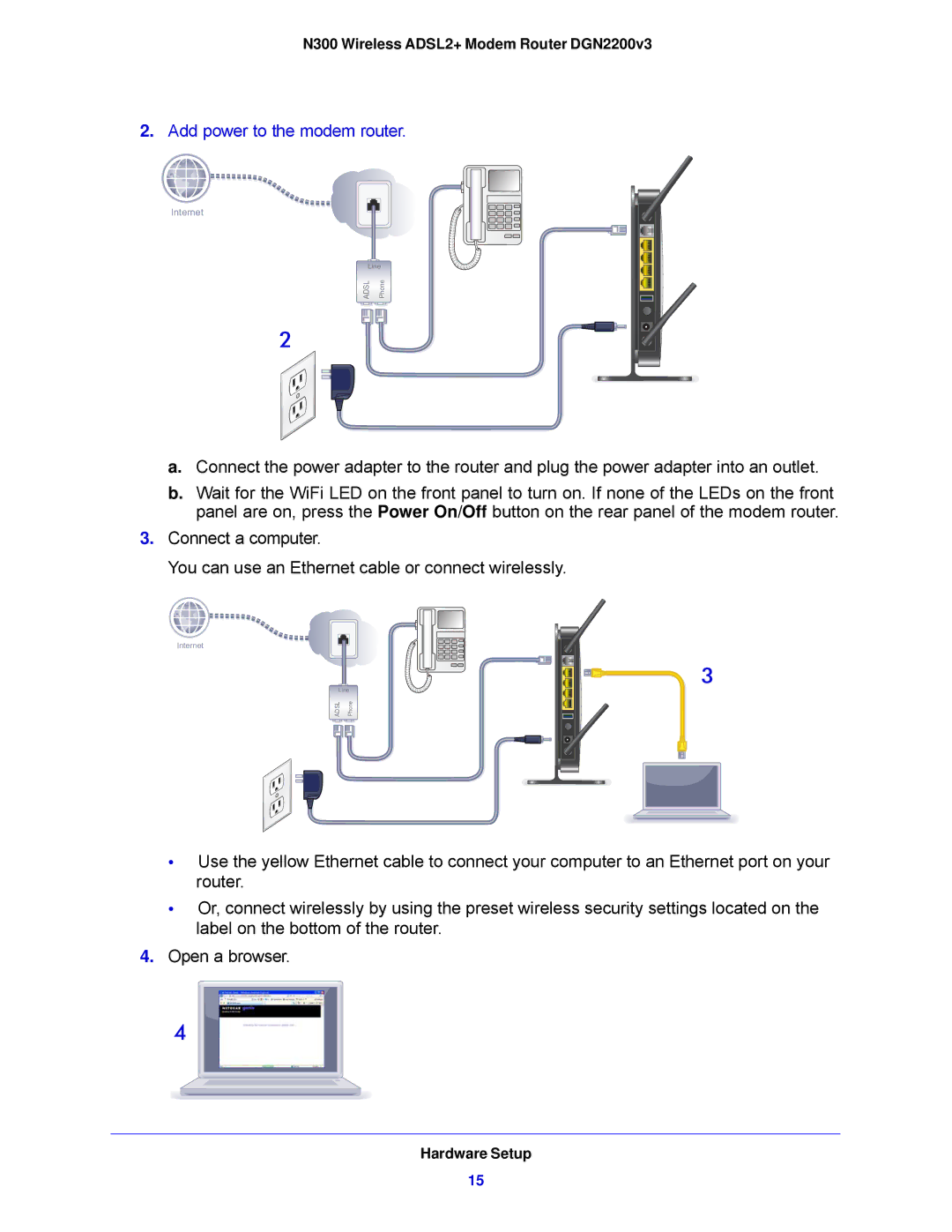 NETGEAR DGN2200V3, N300 user manual Add power to the modem router 