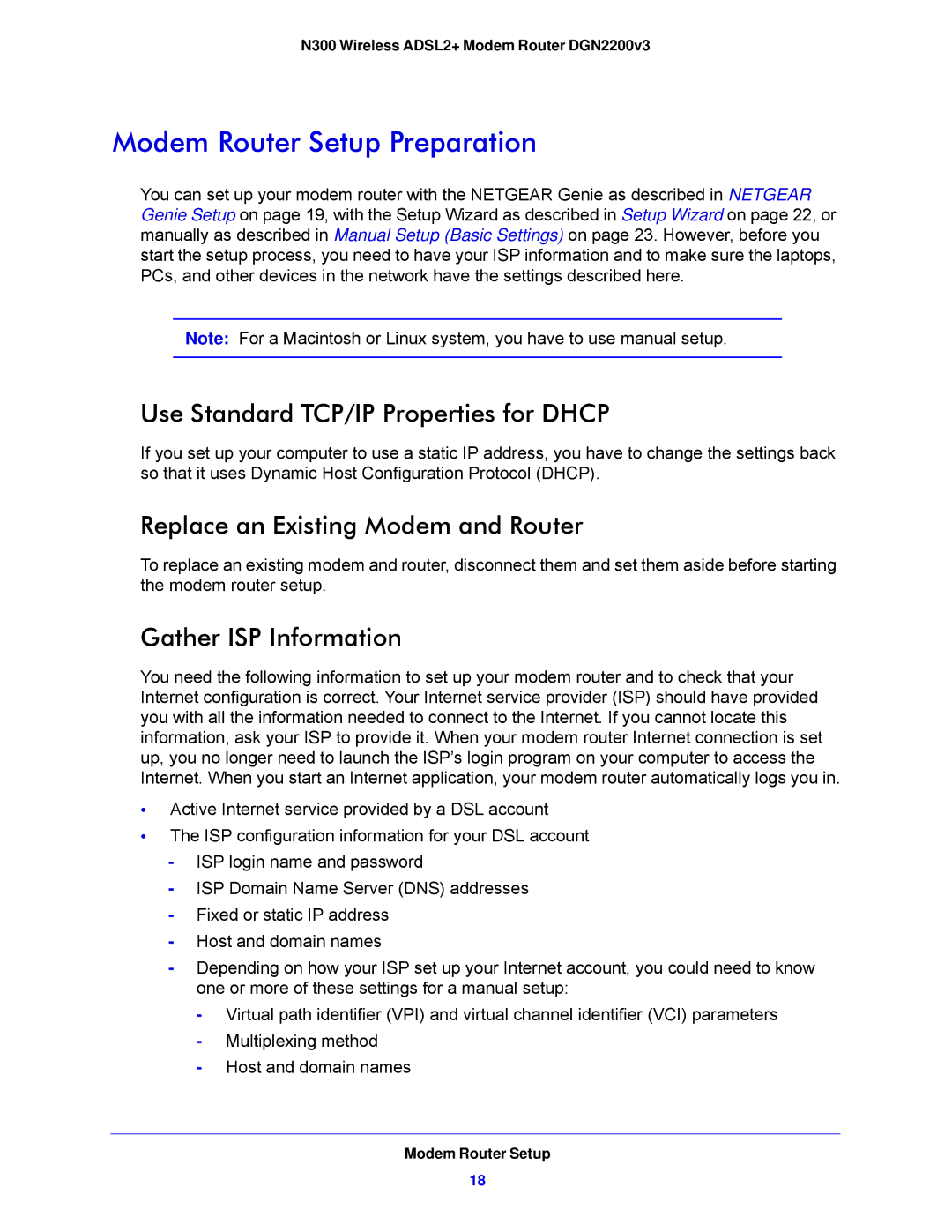 NETGEAR N300 Modem Router Setup Preparation, Use Standard TCP/IP Properties for Dhcp, Replace an Existing Modem and Router 