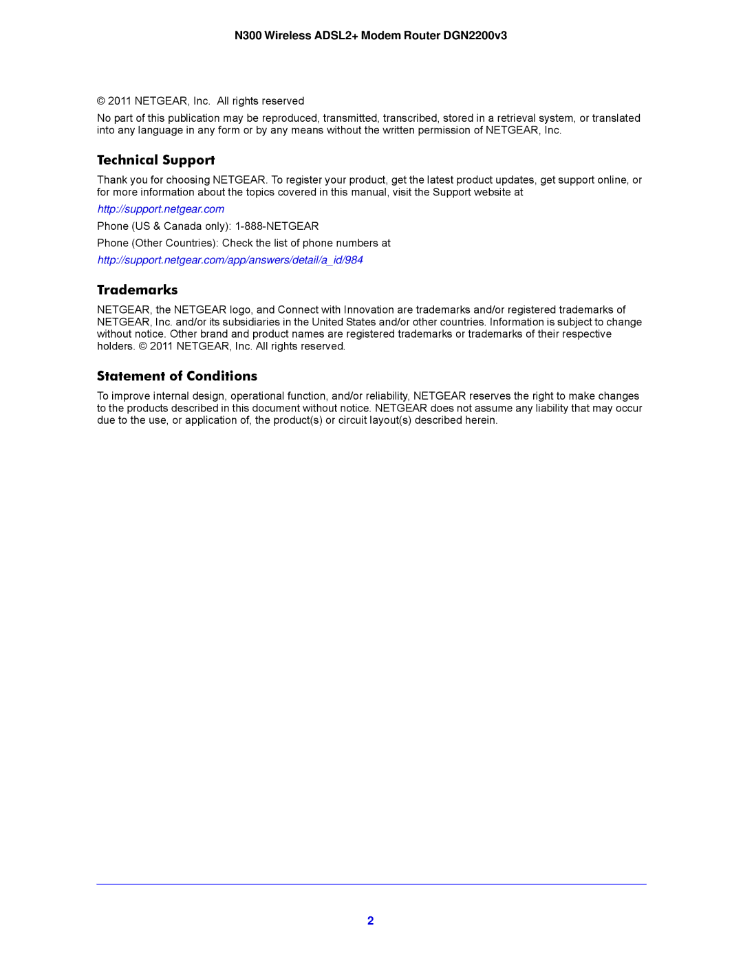 NETGEAR N300, DGN2200V3 user manual Technical Support, Trademarks, Statement of Conditions 