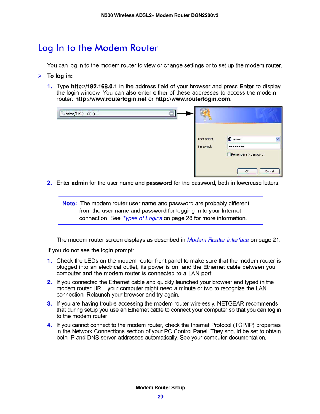 NETGEAR N300, DGN2200V3 user manual Log In to the Modem Router,  To log 