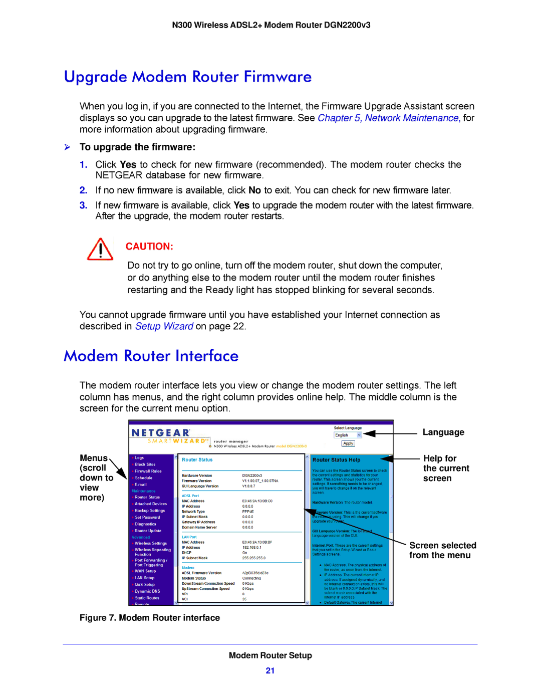 NETGEAR DGN2200V3, N300 user manual Upgrade Modem Router Firmware, Modem Router Interface,  To upgrade the firmware 