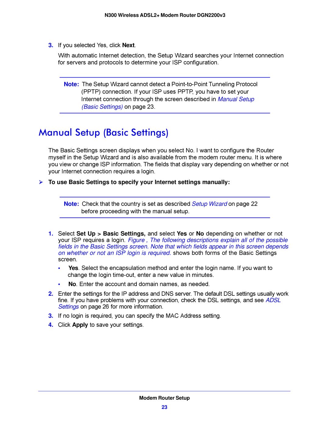 NETGEAR DGN2200V3, N300 user manual Manual Setup Basic Settings 