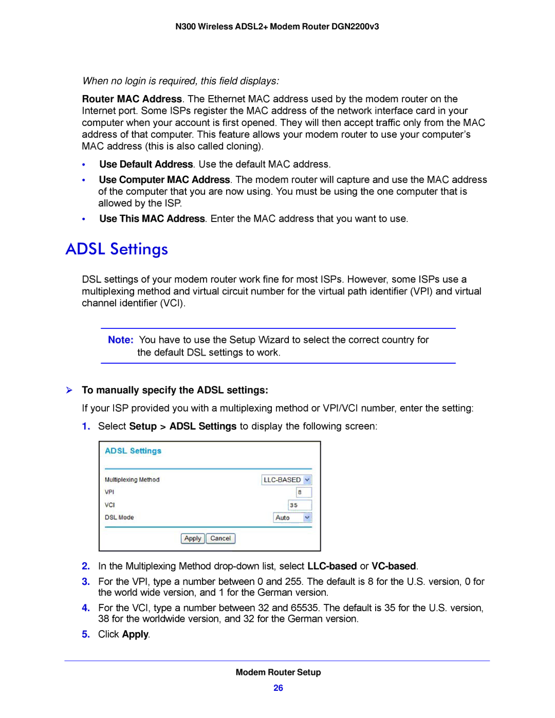 NETGEAR N300, DGN2200V3 user manual Adsl Settings,  To manually specify the Adsl settings 