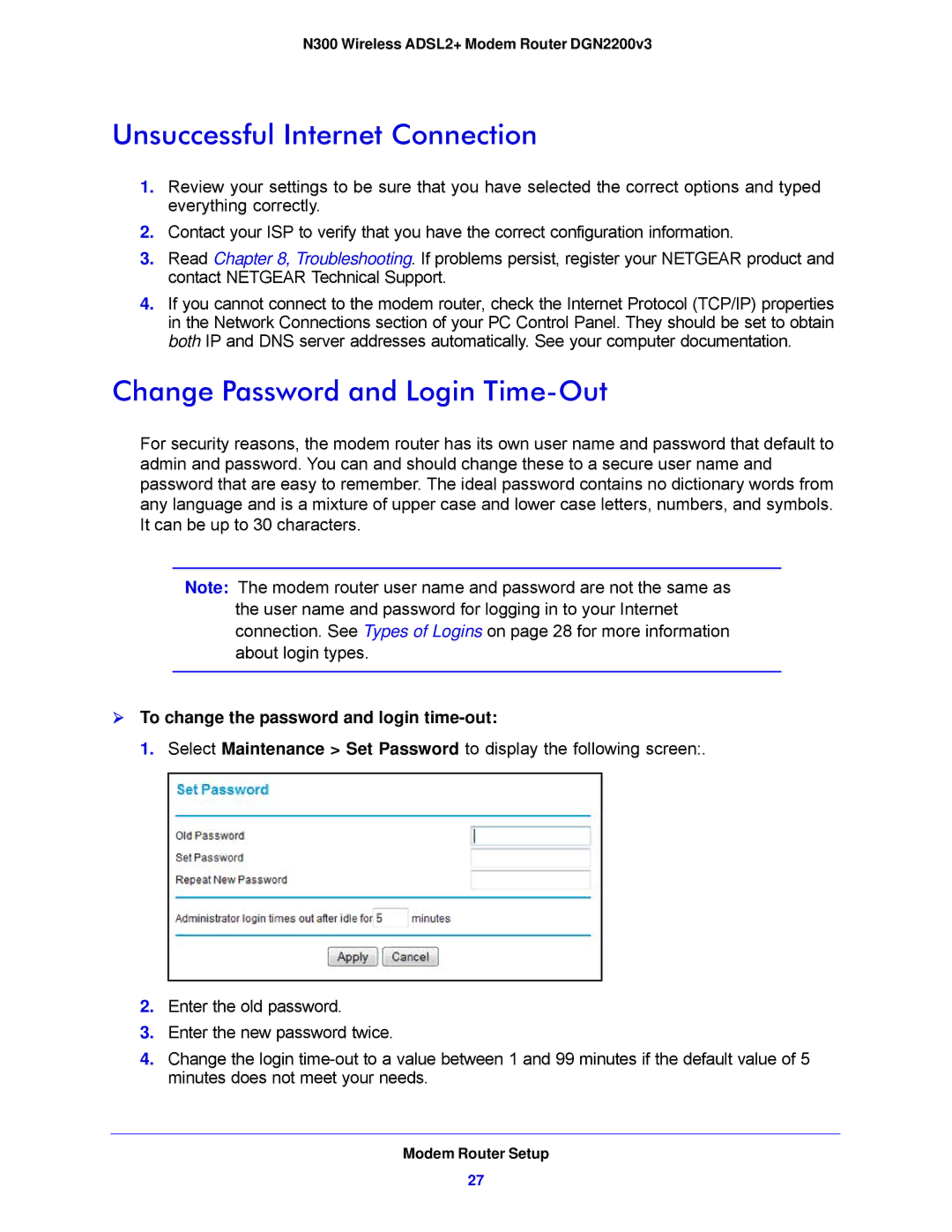 NETGEAR DGN2200V3, N300 user manual Unsuccessful Internet Connection, Change Password and Login Time-Out 