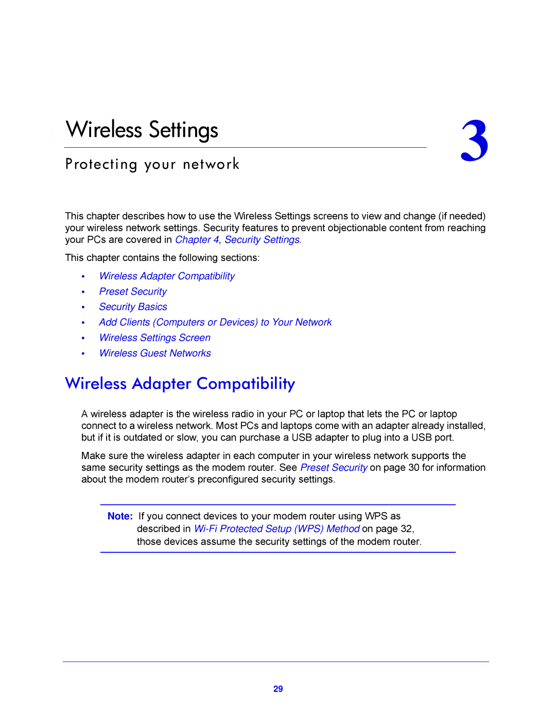 NETGEAR DGN2200V3, N300 user manual Wireless Settings, Wireless Adapter Compatibility 