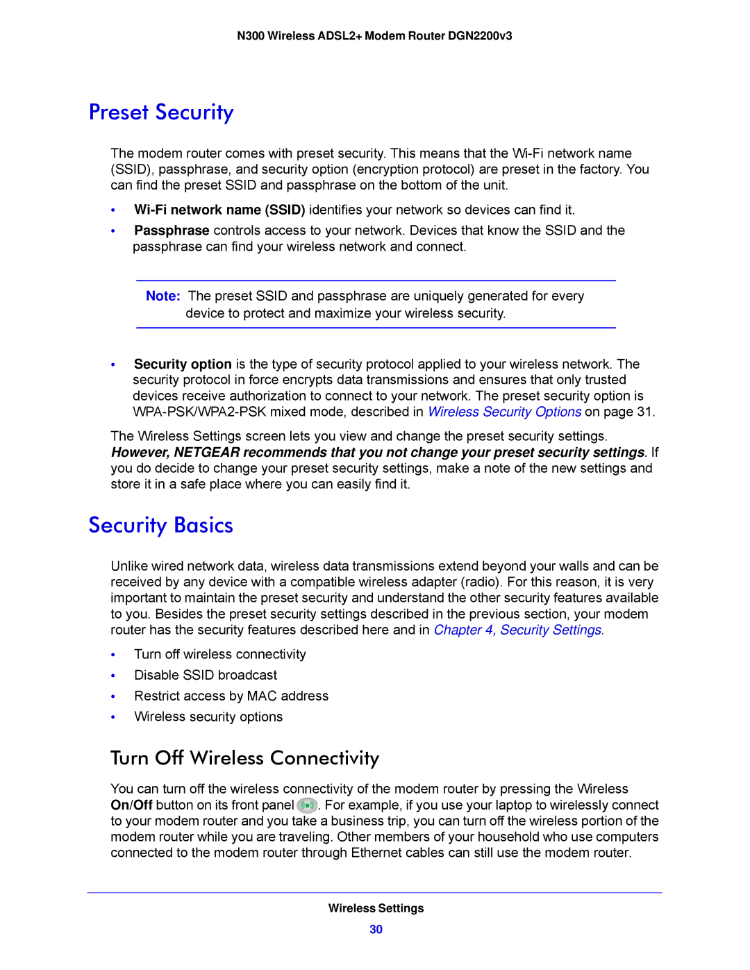 NETGEAR N300, DGN2200V3 user manual Preset Security, Security Basics, Turn Off Wireless Connectivity 