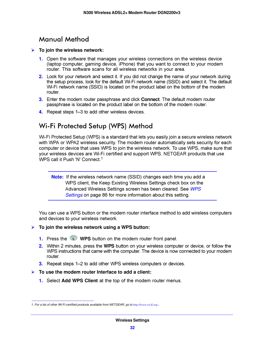 NETGEAR N300, DGN2200V3 user manual Manual Method, Wi-Fi Protected Setup WPS Method,  To join the wireless network 