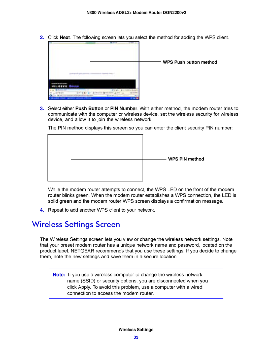 NETGEAR DGN2200V3, N300 user manual Wireless Settings Screen 