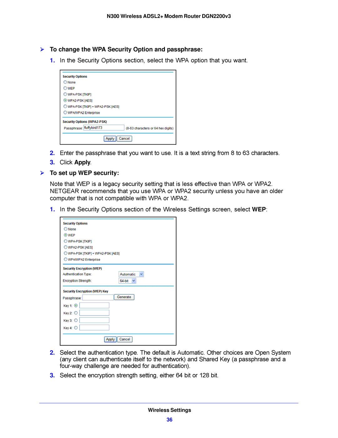 NETGEAR N300, DGN2200V3 user manual  To change the WPA Security Option and passphrase,  To set up WEP security 