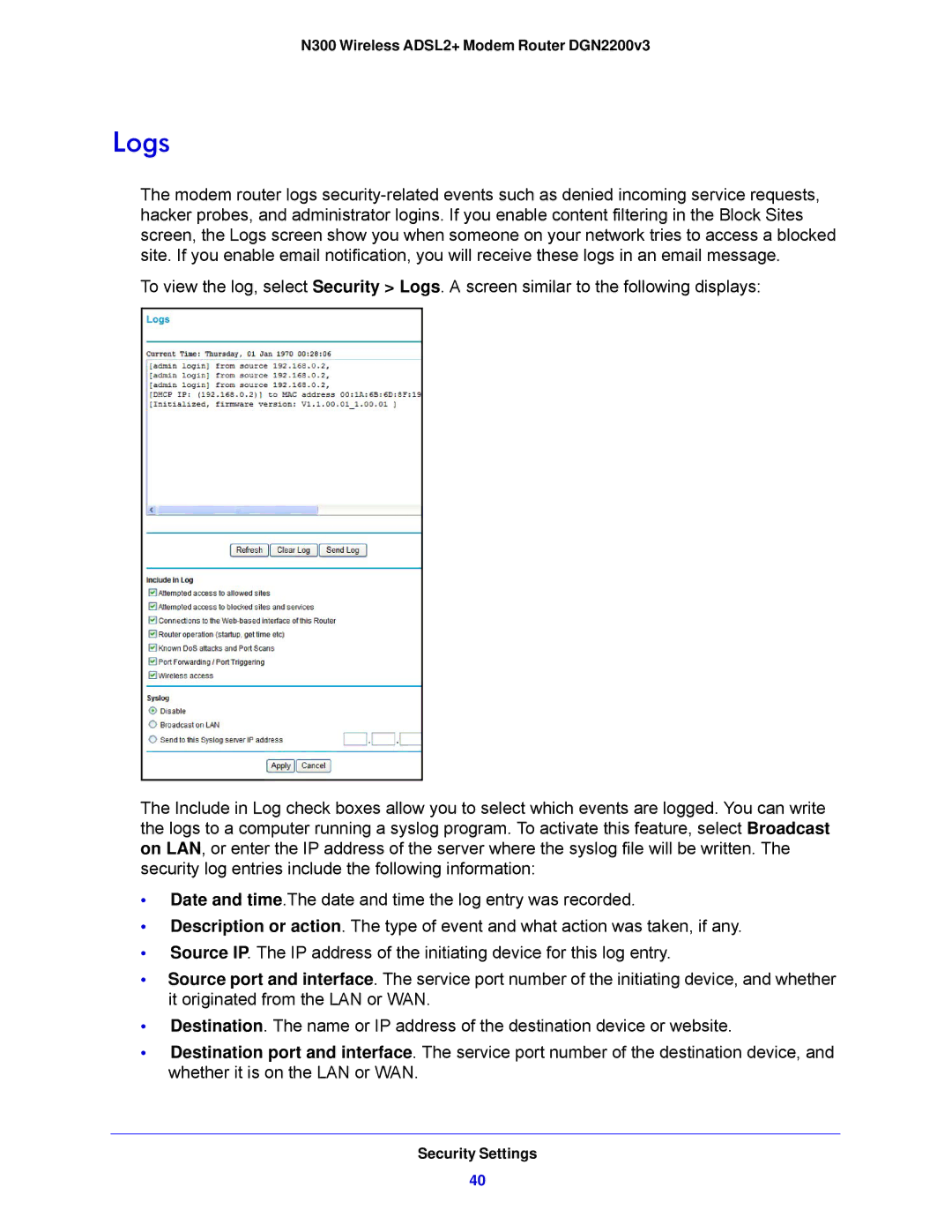 NETGEAR N300, DGN2200V3 user manual Logs 