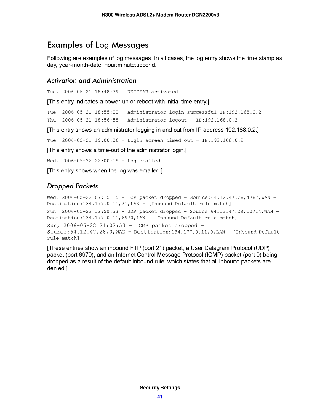 NETGEAR DGN2200V3, N300 user manual Examples of Log Messages, Activation and Administration, Dropped Packets 