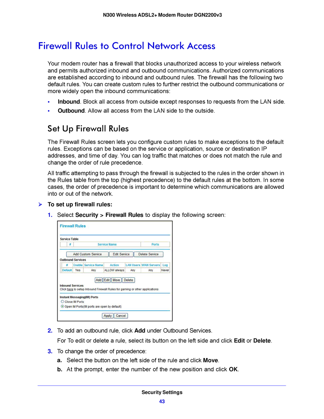 NETGEAR DGN2200V3, N300 Firewall Rules to Control Network Access, Set Up Firewall Rules,  To set up firewall rules 
