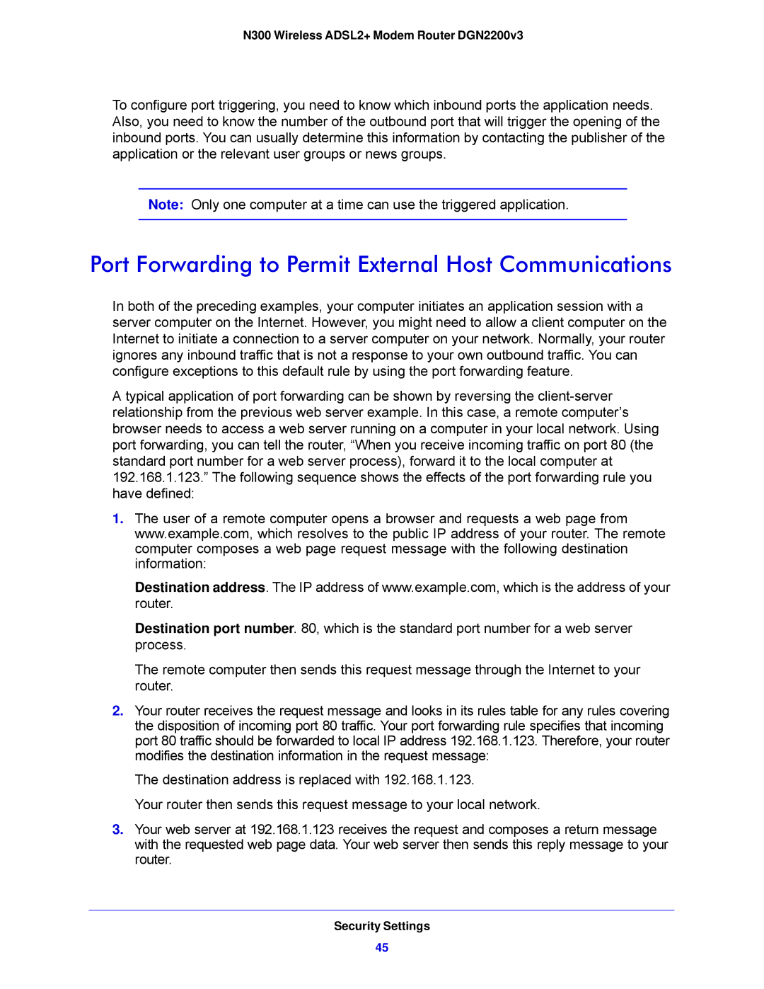 NETGEAR DGN2200V3, N300 user manual Port Forwarding to Permit External Host Communications 