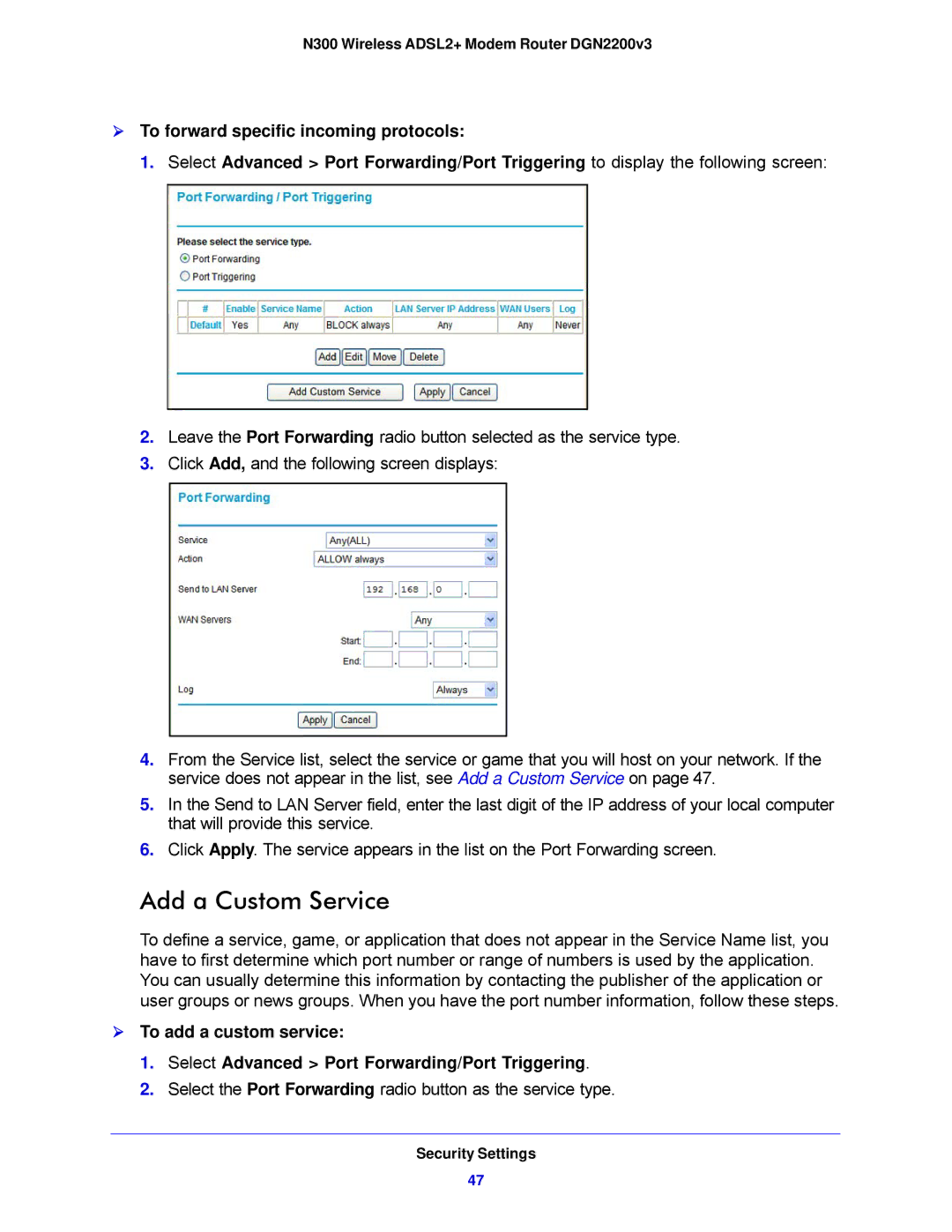 NETGEAR DGN2200V3, N300 user manual Add a Custom Service 