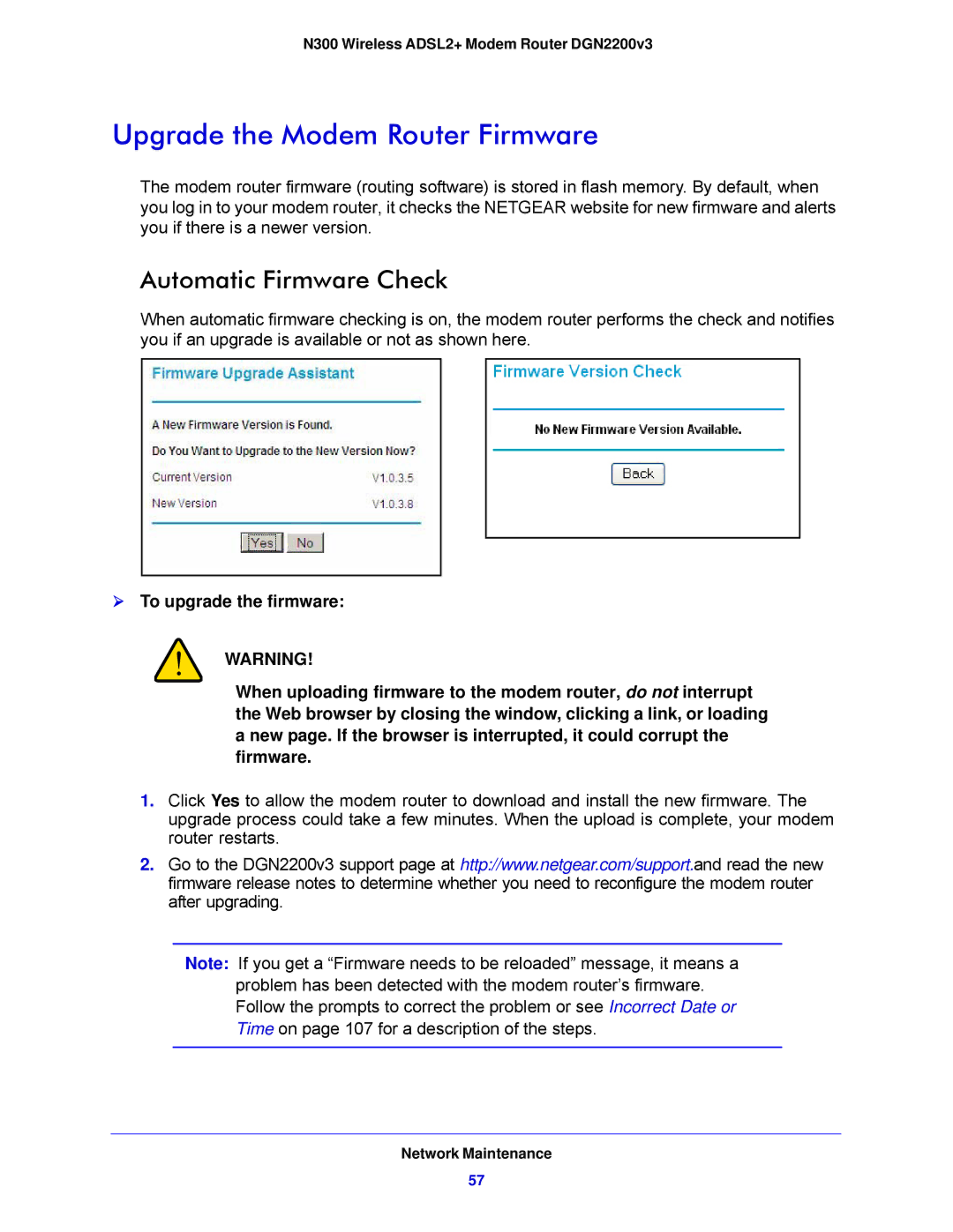 NETGEAR DGN2200V3, N300 user manual Upgrade the Modem Router Firmware, Automatic Firmware Check 