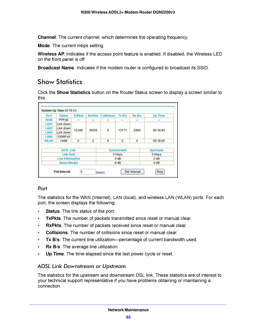 NETGEAR N300, DGN2200V3 user manual Show Statistics, Port, Adsl Link Downstream or Upstream 