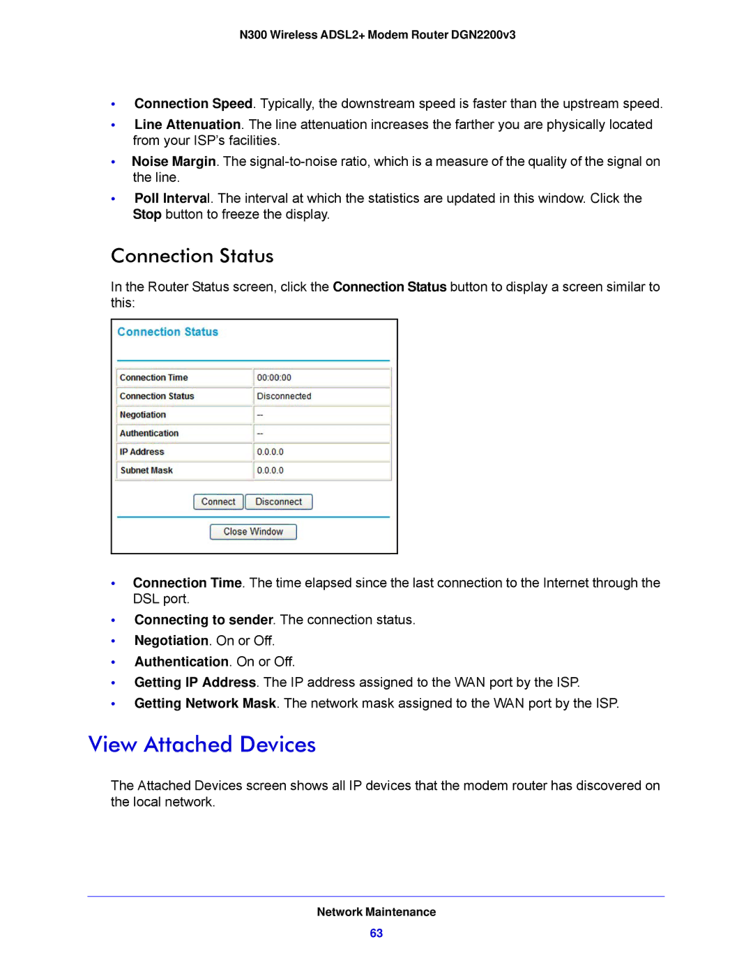 NETGEAR DGN2200V3, N300 user manual View Attached Devices, Connection Status, Authentication. On or Off 