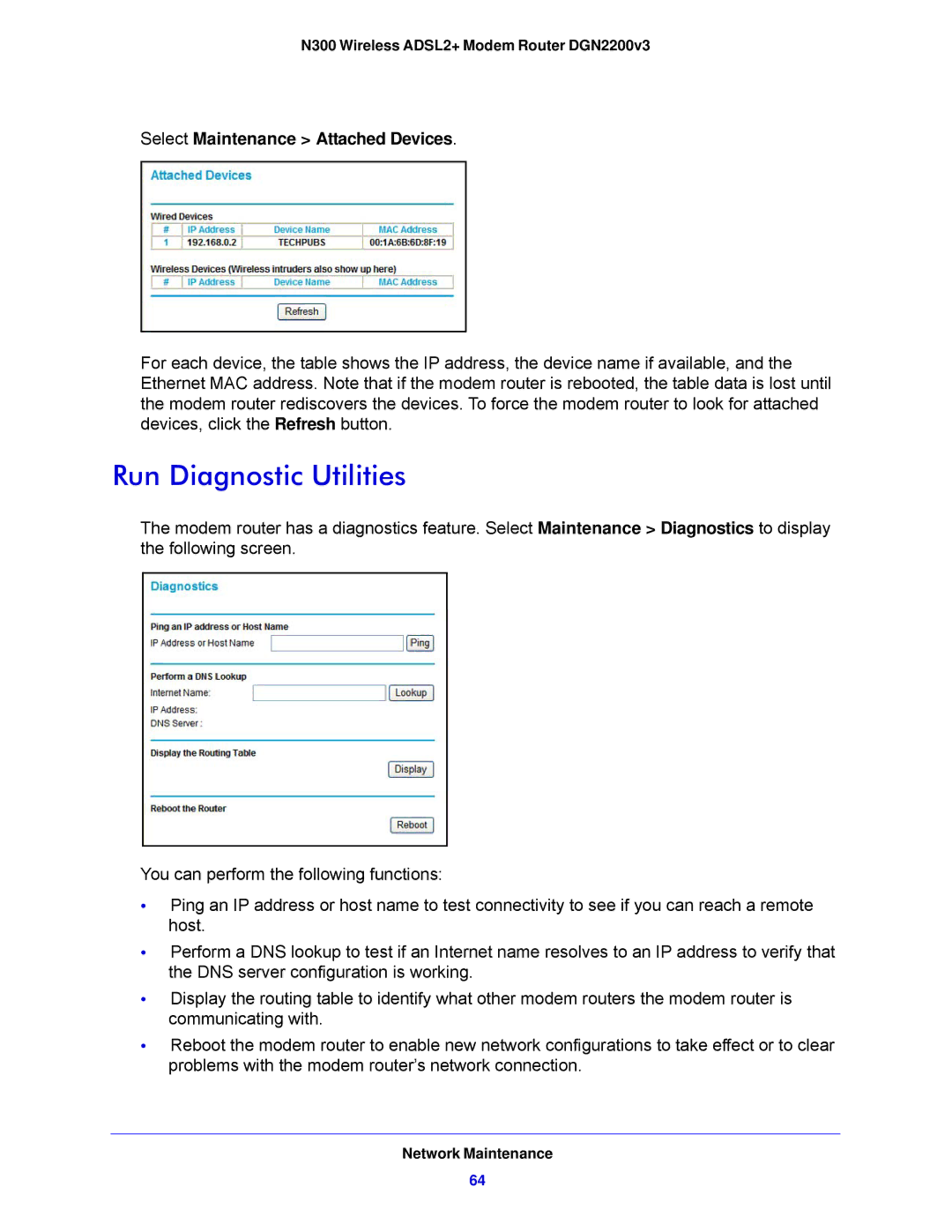 NETGEAR N300, DGN2200V3 user manual Run Diagnostic Utilities, Select Maintenance Attached Devices 