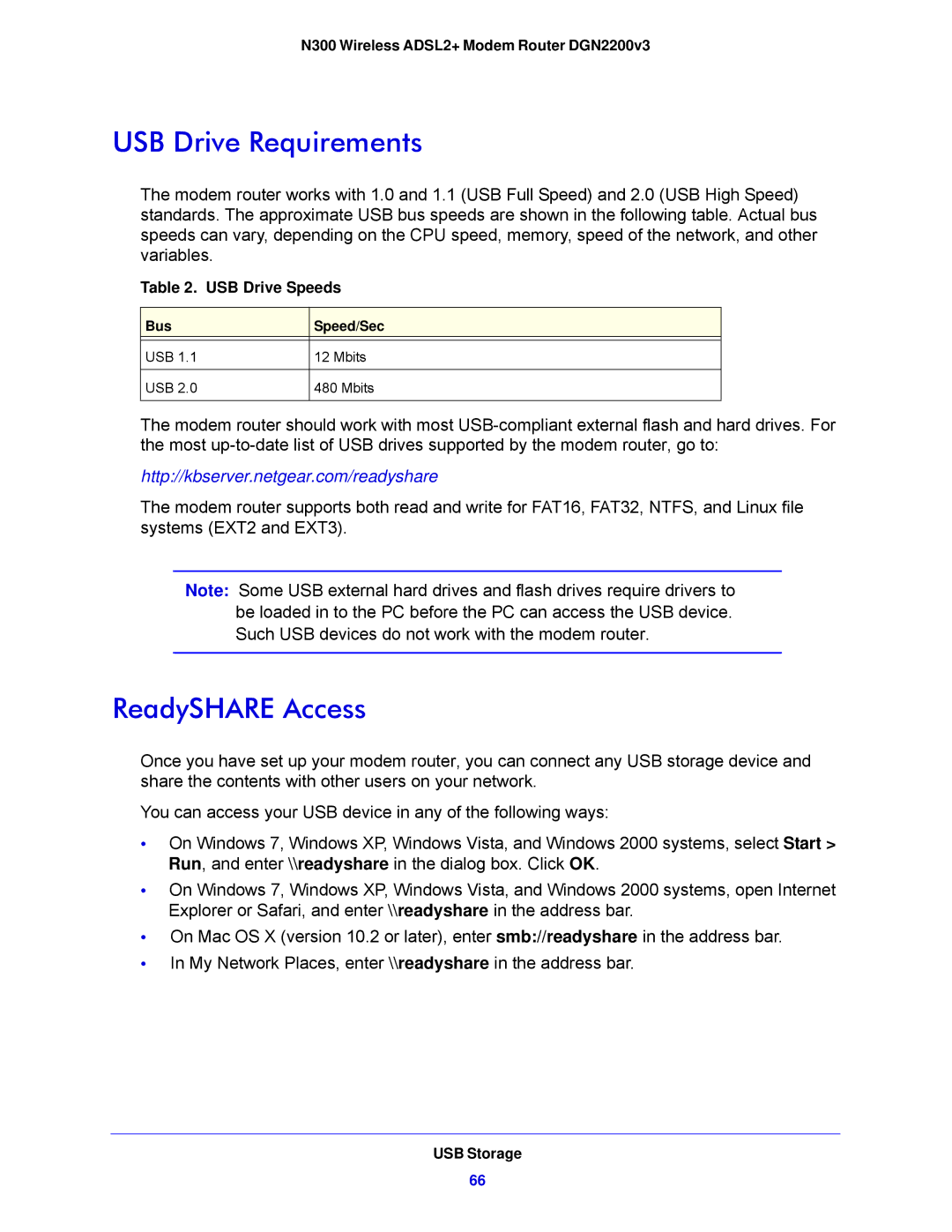 NETGEAR N300, DGN2200V3 user manual USB Drive Requirements, ReadySHARE Access 