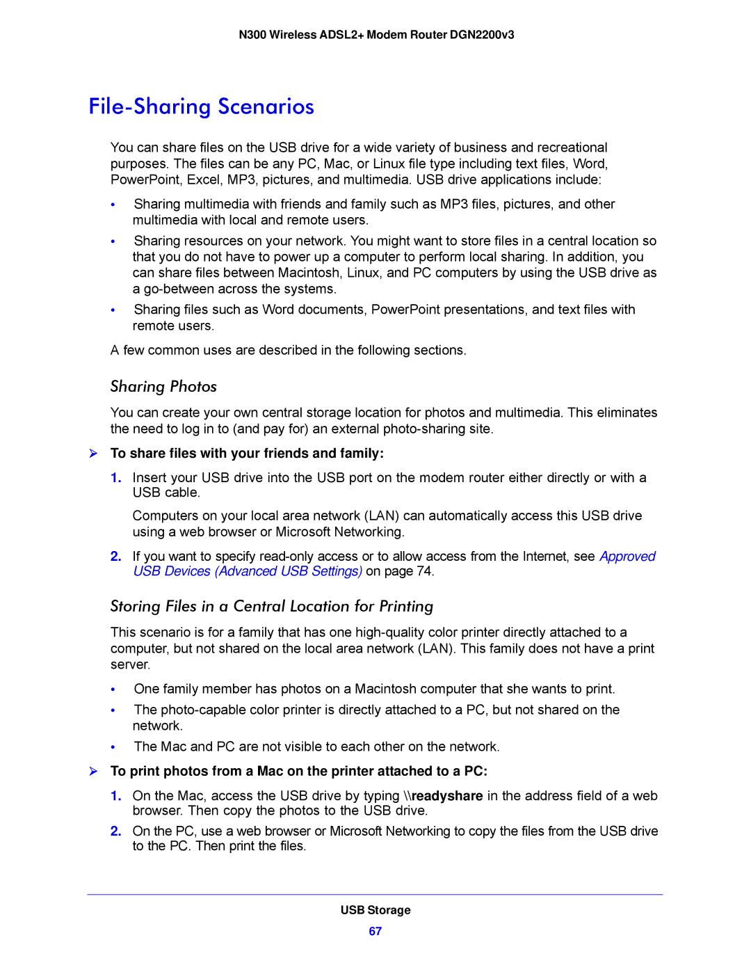 NETGEAR DGN2200V3, N300 user manual File-Sharing Scenarios, Sharing Photos, Storing Files in a Central Location for Printing 