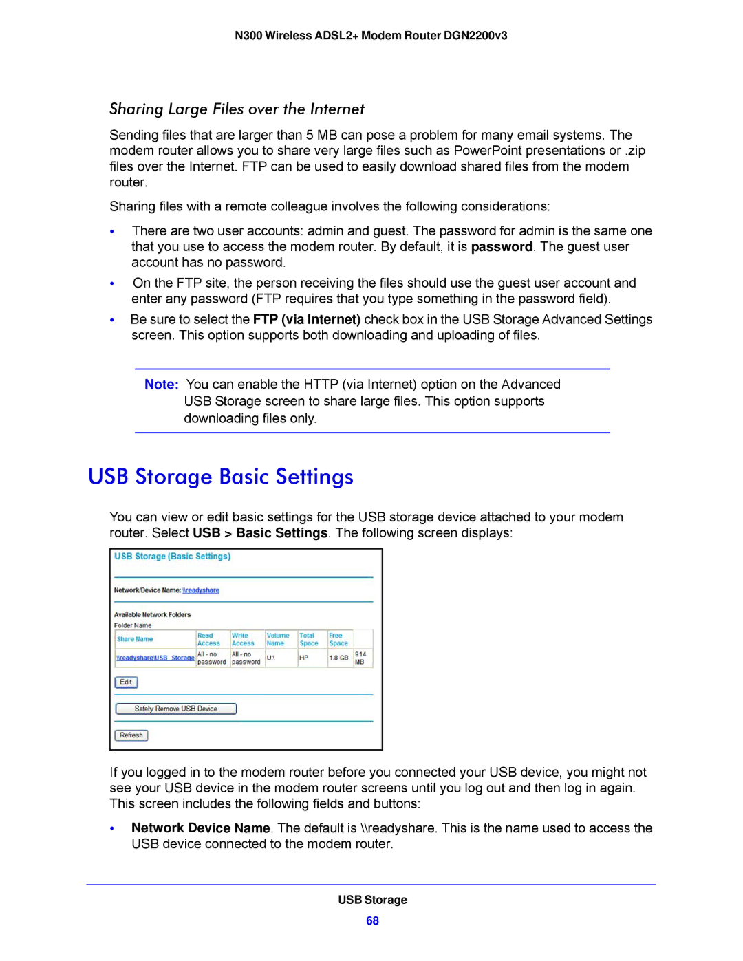 NETGEAR N300, DGN2200V3 user manual USB Storage Basic Settings, Sharing Large Files over the Internet 