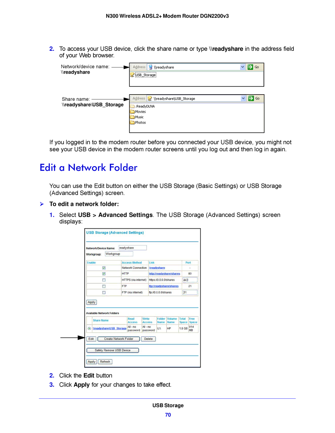 NETGEAR N300, DGN2200V3 user manual Edit a Network Folder,  To edit a network folder 