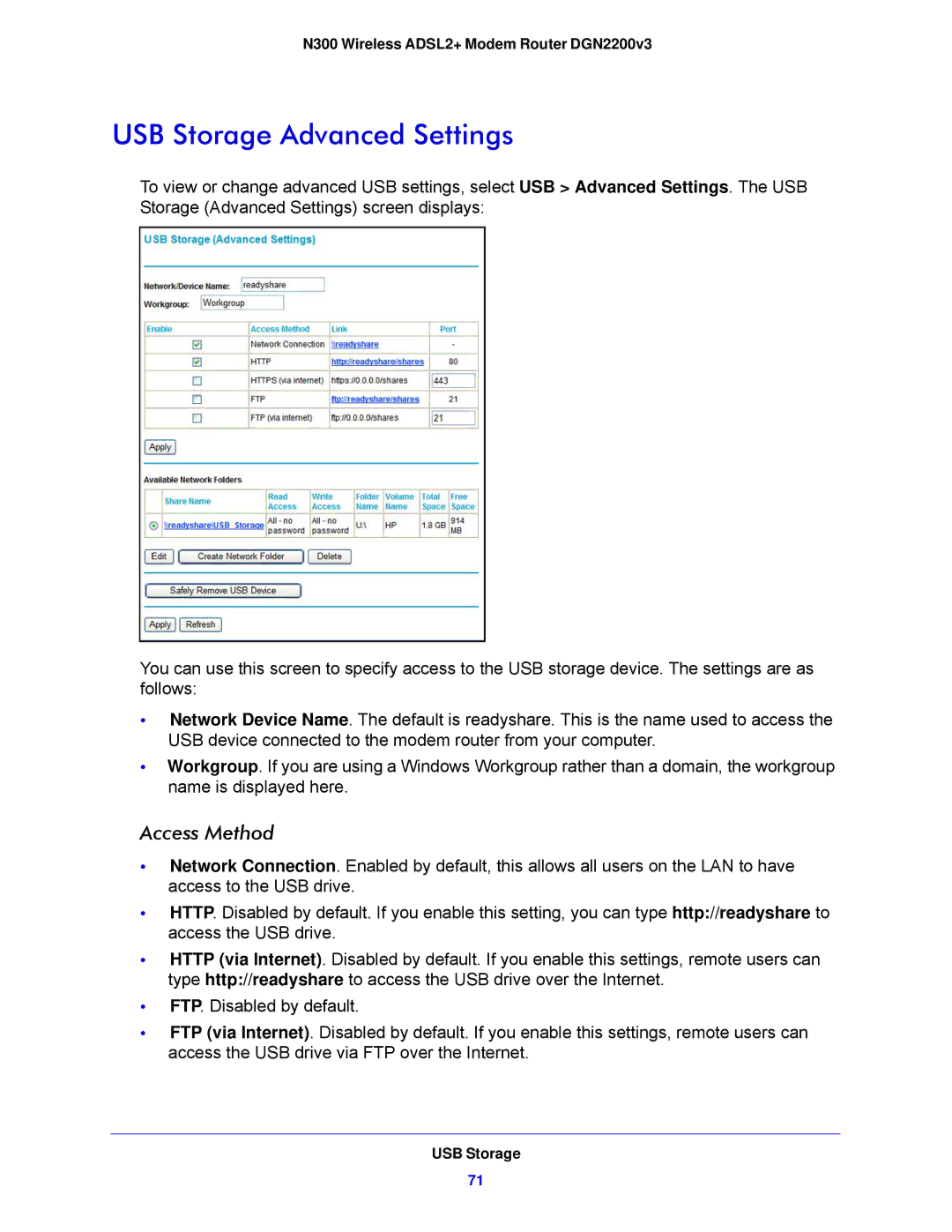 NETGEAR DGN2200V3, N300 user manual USB Storage Advanced Settings, Access Method 