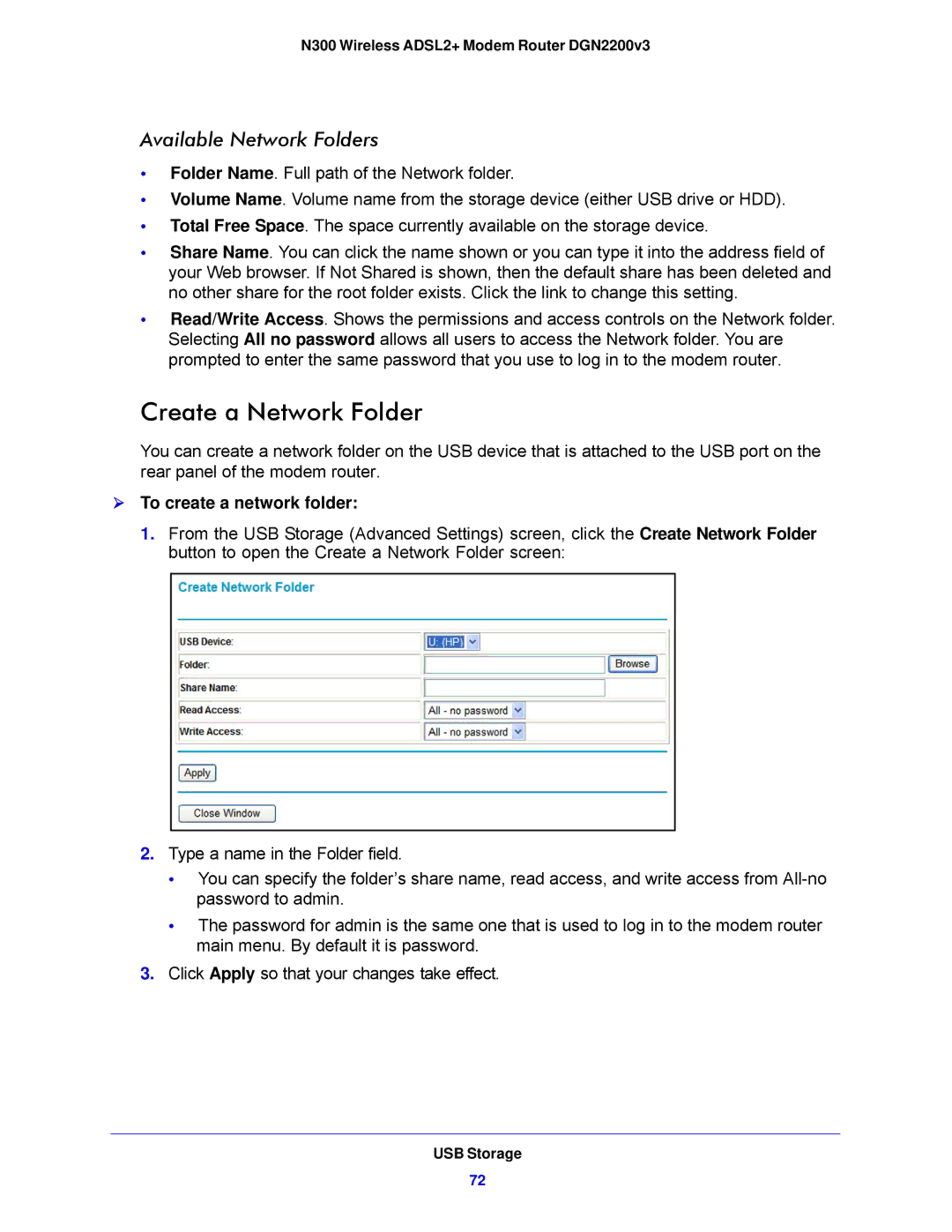 NETGEAR N300, DGN2200V3 user manual Create a Network Folder, Available Network Folders,  To create a network folder 