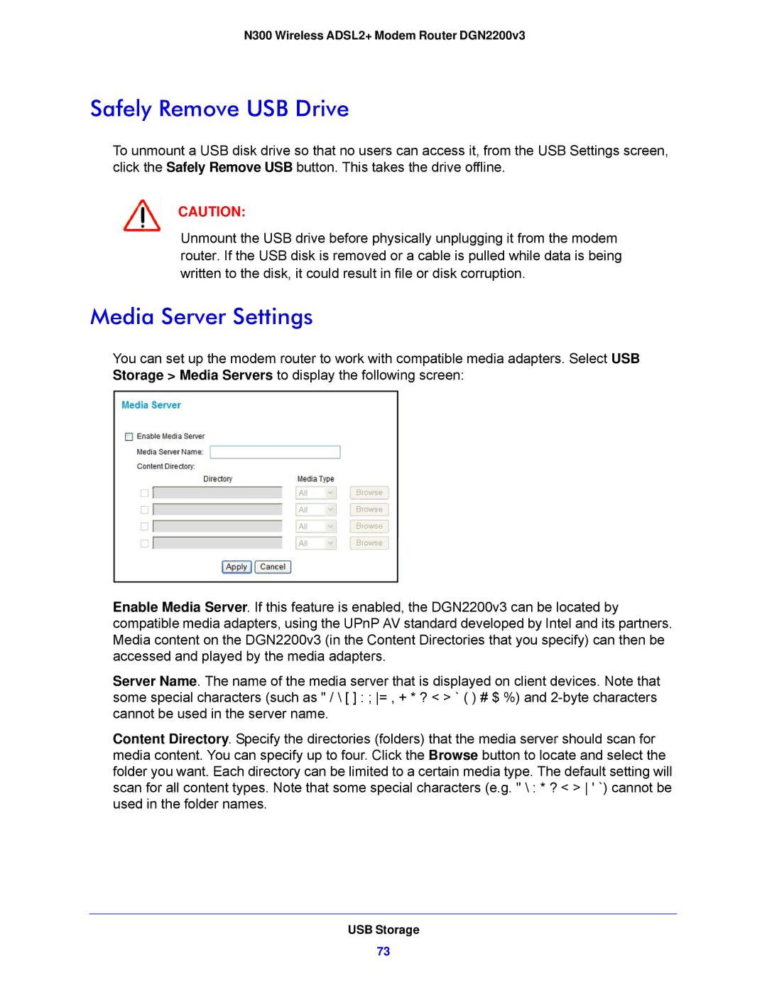 NETGEAR DGN2200V3, N300 user manual Safely Remove USB Drive, Media Server Settings 