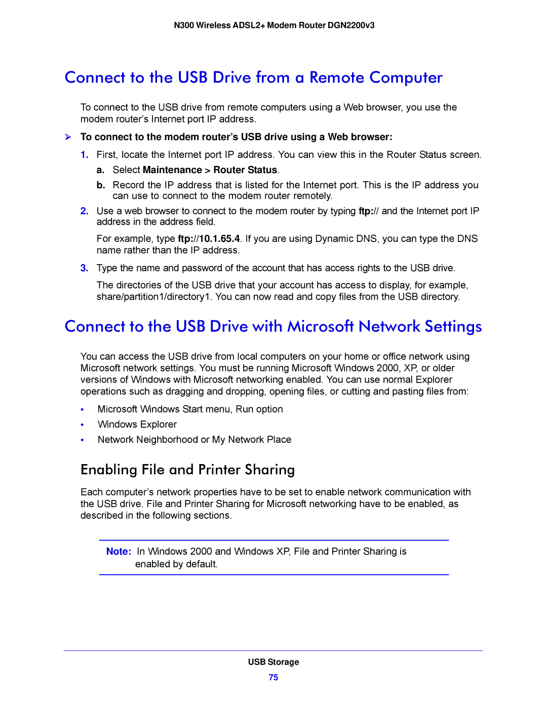 NETGEAR DGN2200V3, N300 user manual Connect to the USB Drive from a Remote Computer, Enabling File and Printer Sharing 