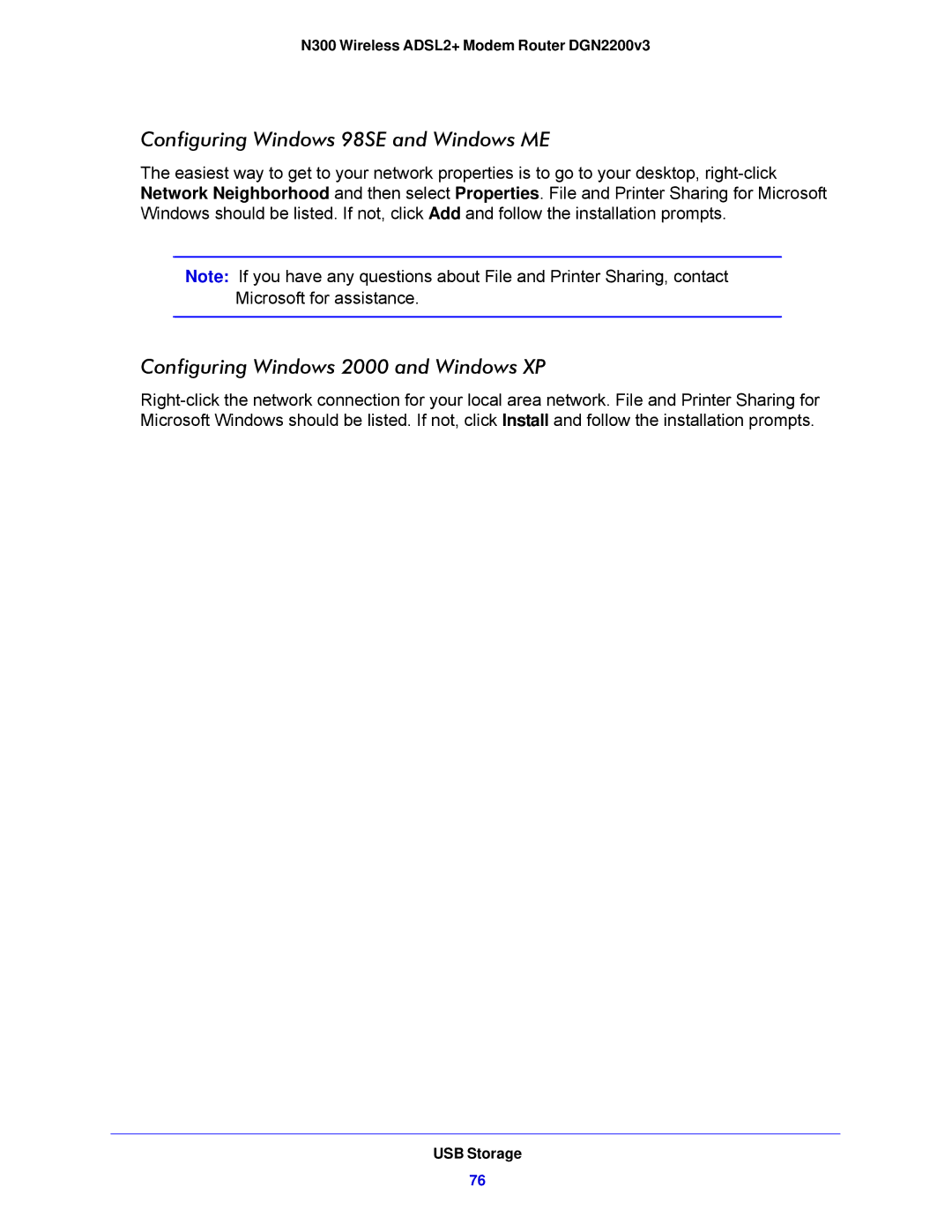 NETGEAR N300, DGN2200V3 user manual Configuring Windows 98SE and Windows ME, Configuring Windows 2000 and Windows XP 