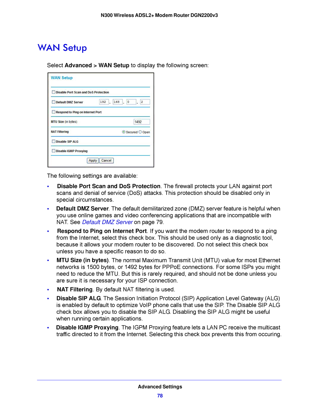 NETGEAR N300, DGN2200V3 user manual WAN Setup 