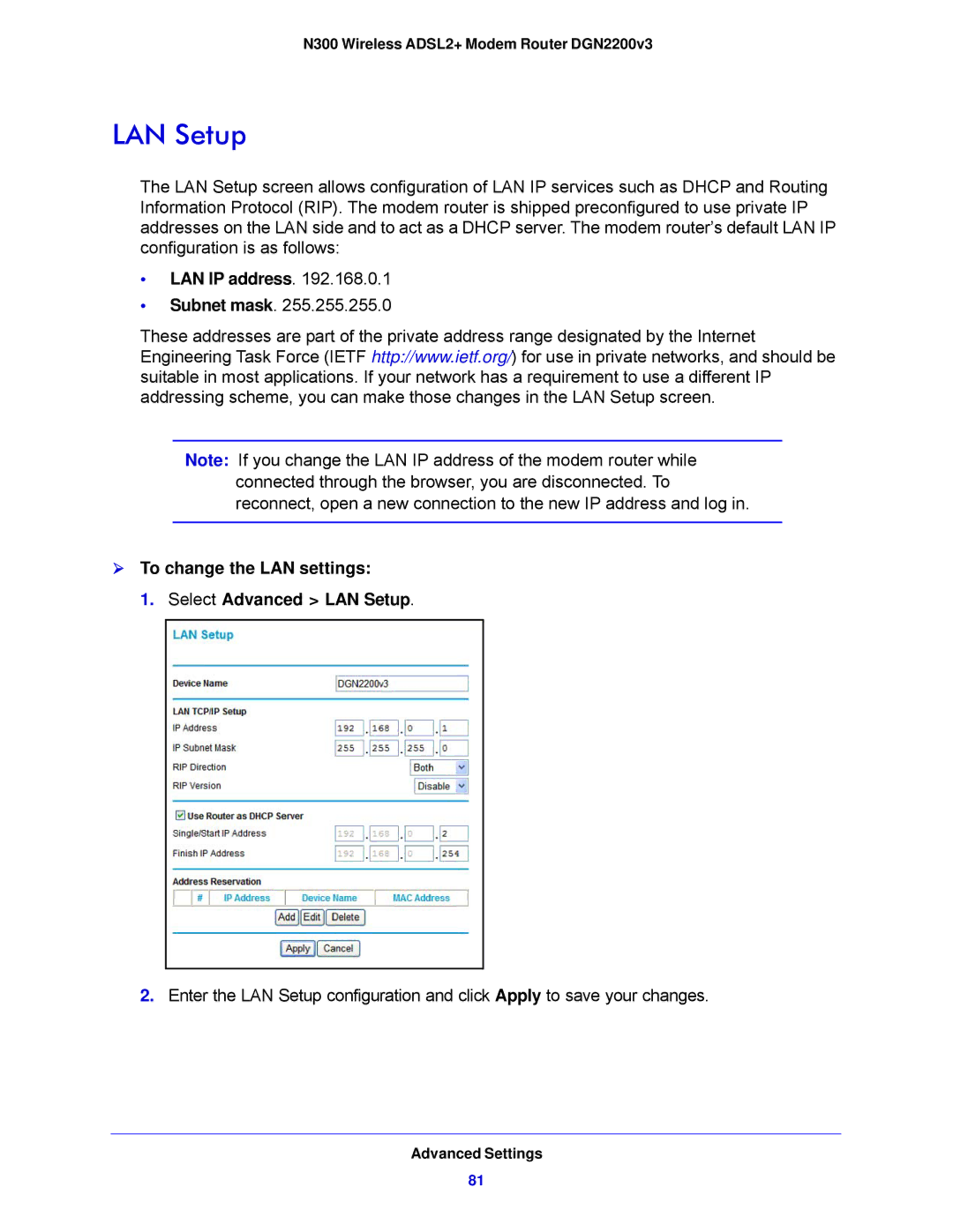 NETGEAR DGN2200V3, N300 user manual LAN IP address,  To change the LAN settings Select Advanced LAN Setup 