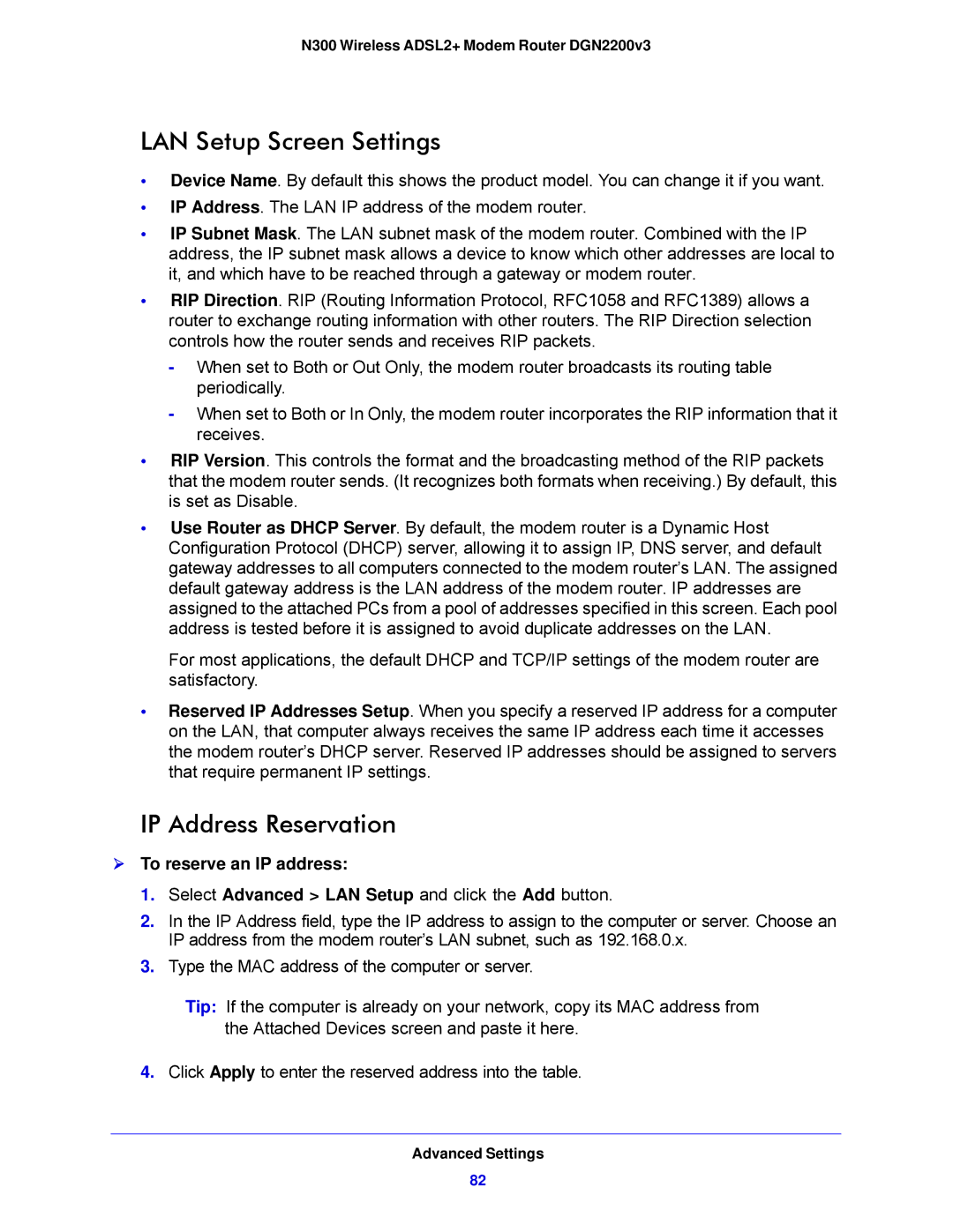 NETGEAR N300, DGN2200V3 user manual LAN Setup Screen Settings, IP Address Reservation,  To reserve an IP address 