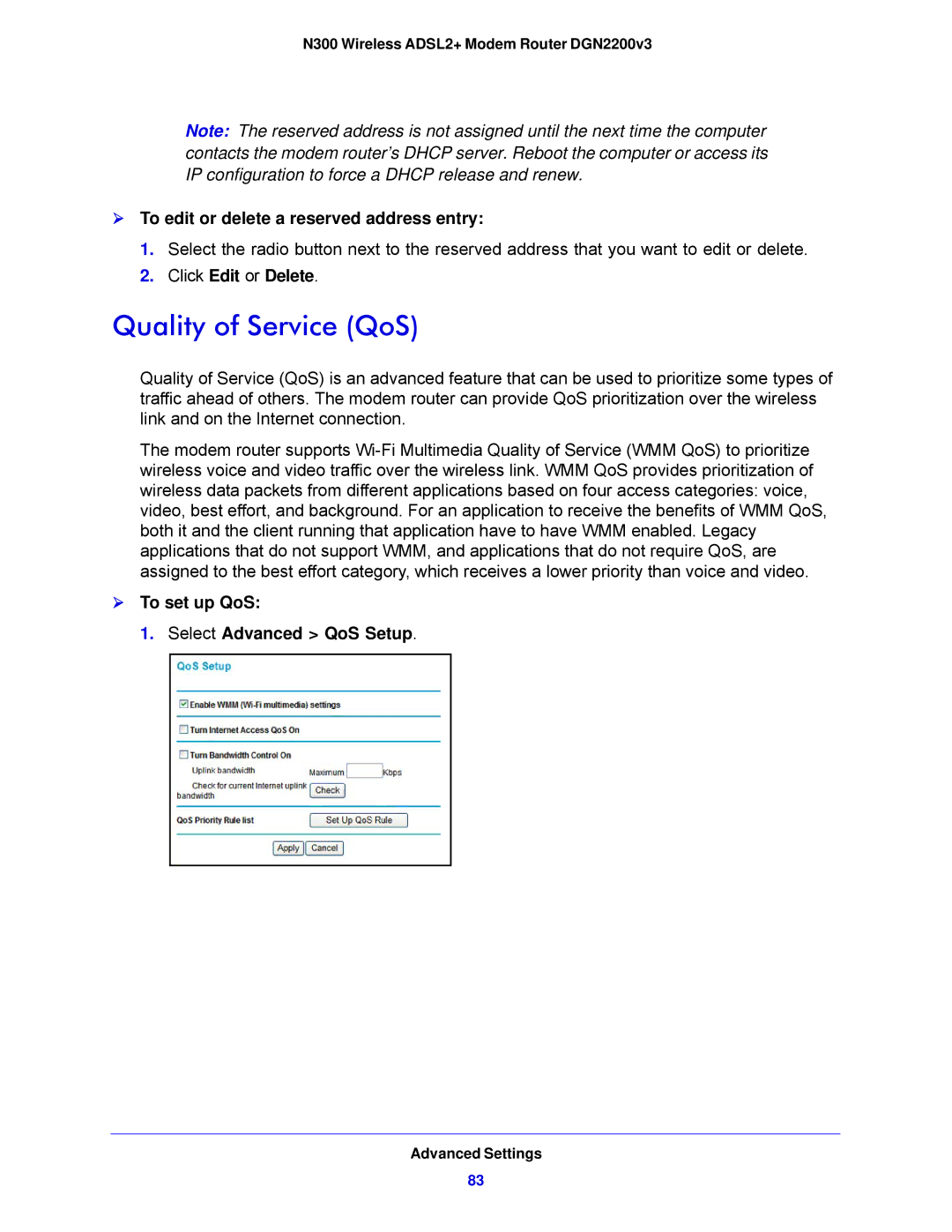 NETGEAR DGN2200V3, N300 Quality of Service QoS,  To edit or delete a reserved address entry, Click Edit or Delete 