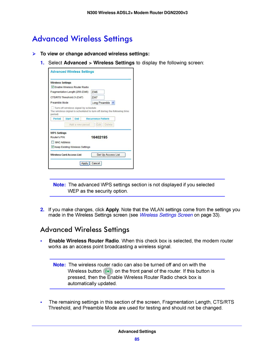 NETGEAR DGN2200V3, N300 user manual Advanced Wireless Settings,  To view or change advanced wireless settings 