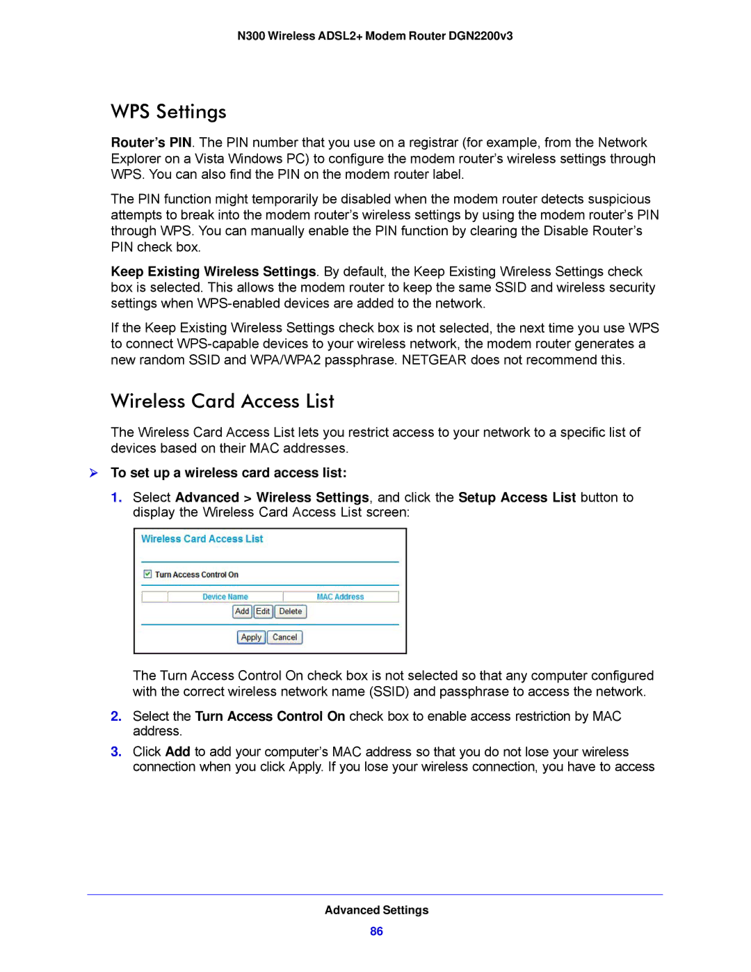 NETGEAR N300, DGN2200V3 user manual WPS Settings, Wireless Card Access List,  To set up a wireless card access list 